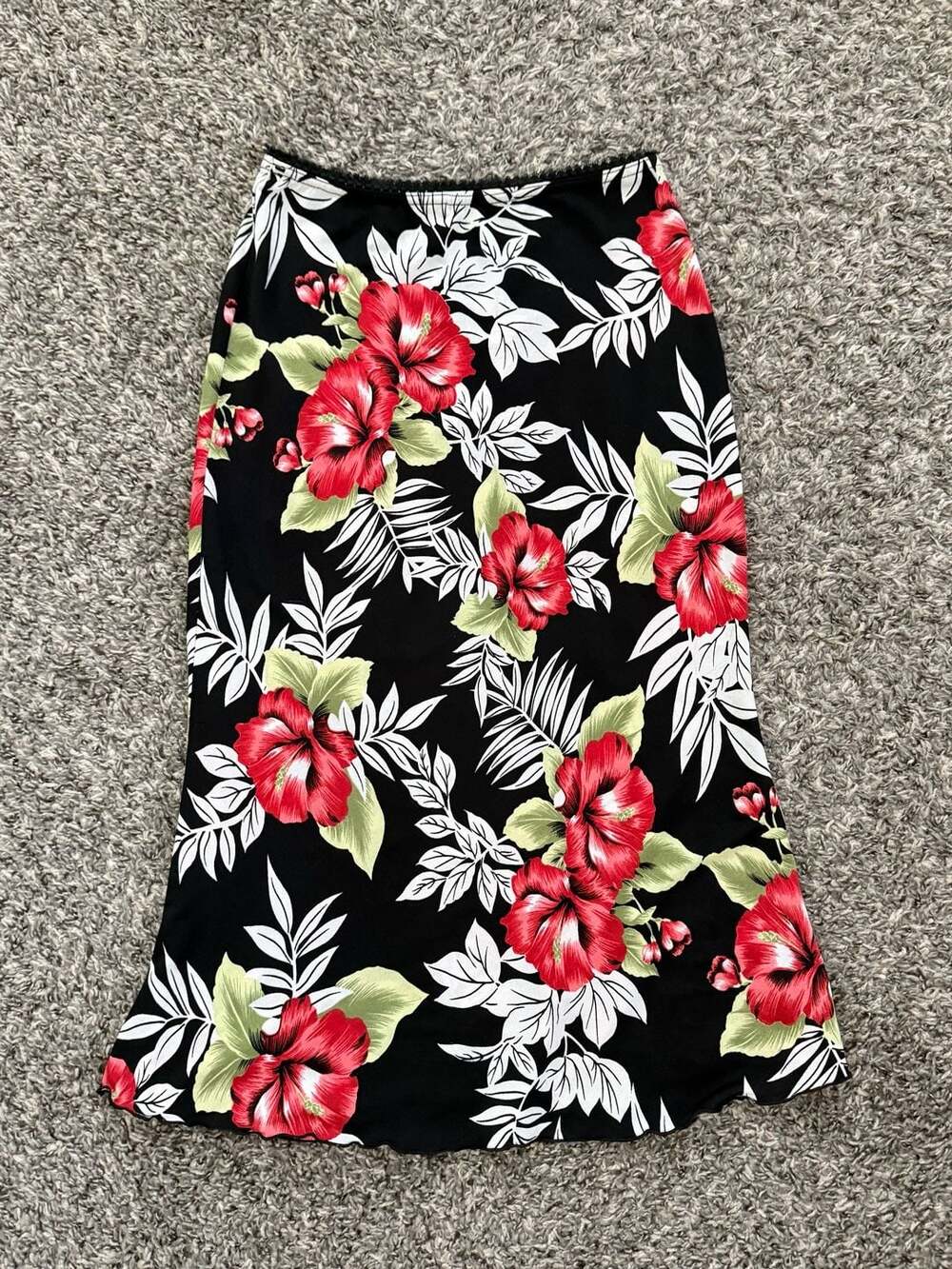Black Hibiscus Tropical Floral Print Midi Skirt